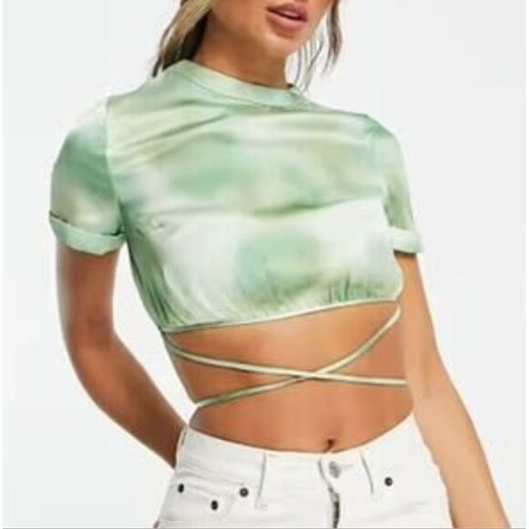 Topshop Tops - Topshop Mint Green Tie Dye Satin Keyhole Strappy Tie Crop Top US 8